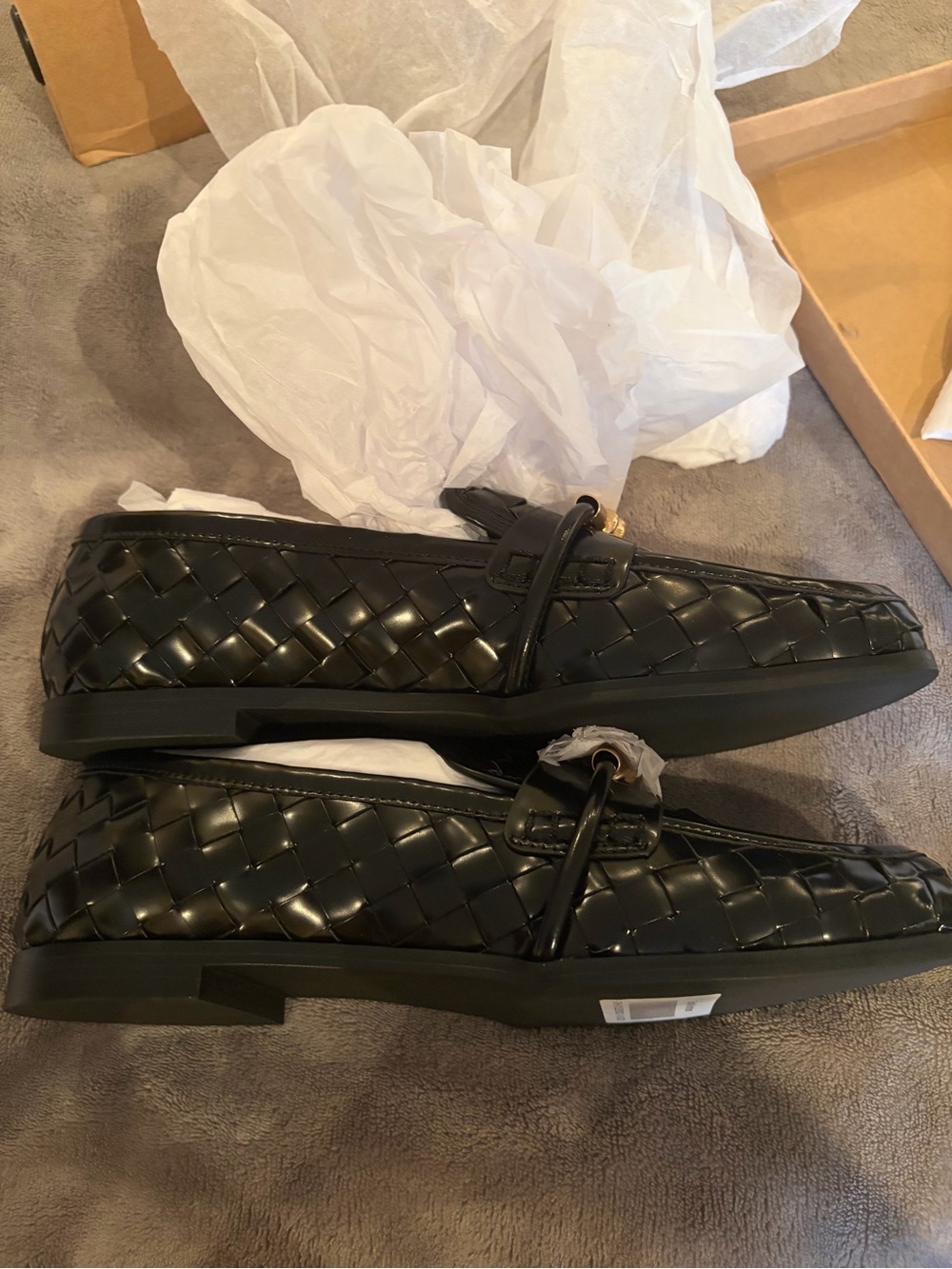 Woven Leather Slip-On Loafers in Black for Women